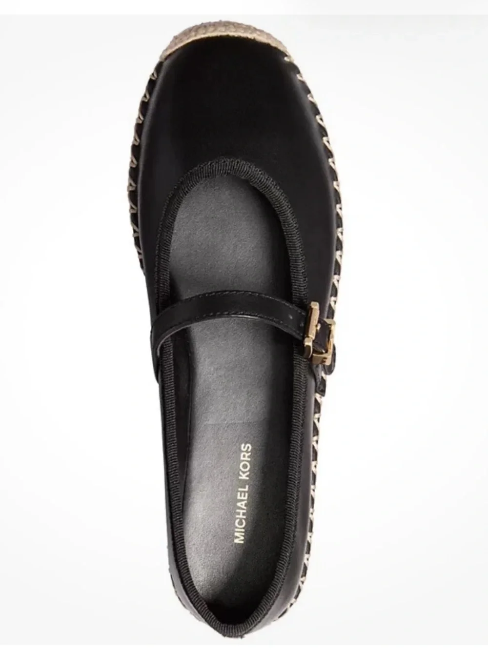 New Michael Kors Black Leather Mary Jane Espadrille Flats with Jute Trim Size 9.
